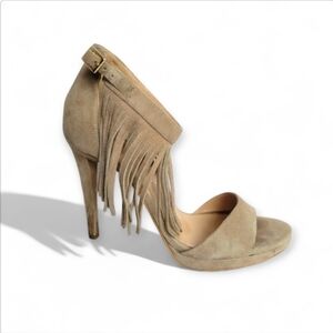 Bruno Premi Fringed Cowgirl Suede Peep Toe Heels light tan size 7